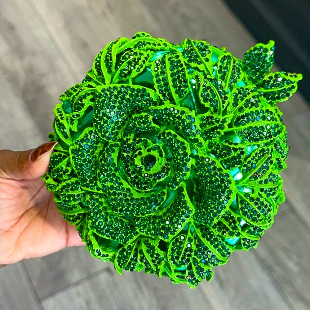 Green crystal rose clutch - dazzling floral evening bag for glam events/weddings